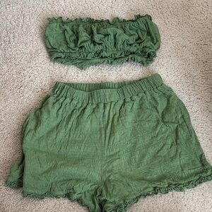 Free People Olive Green Ruffled High Waist Shorts Set